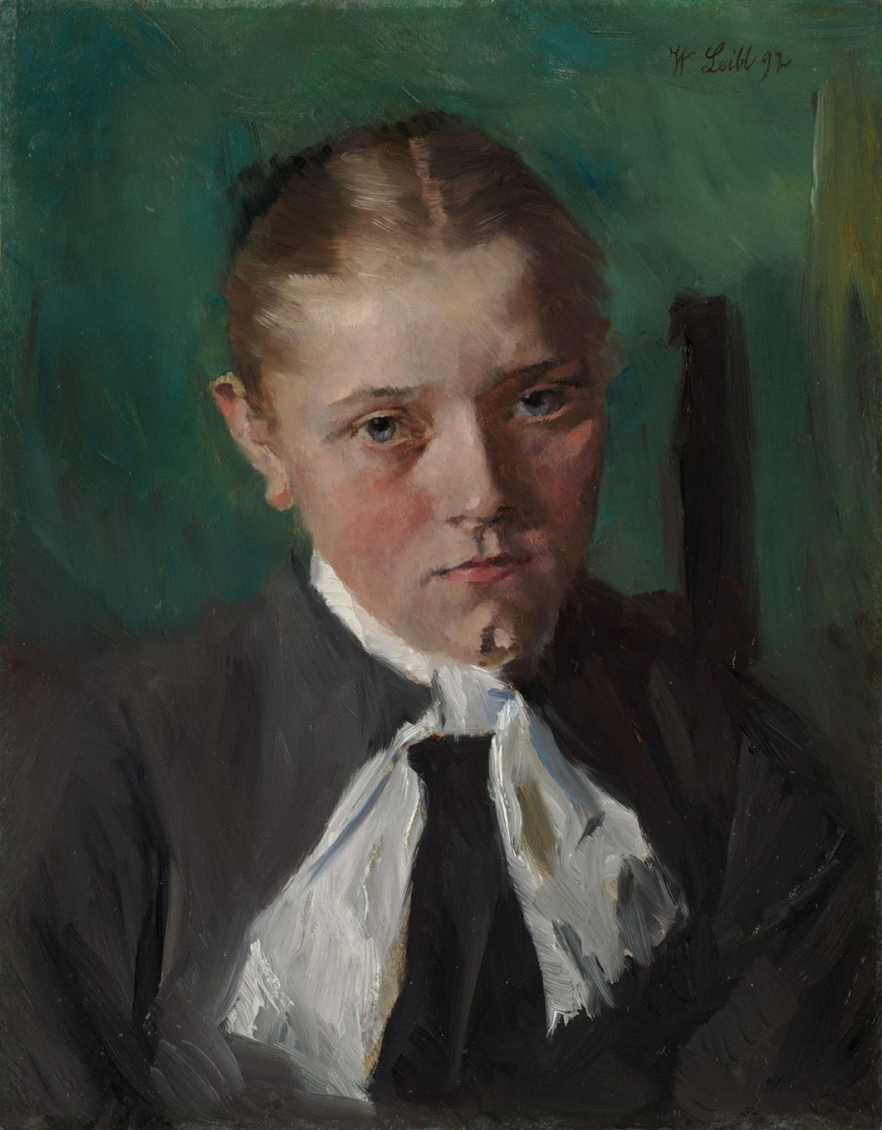 Auf diesem Bild ist das folgende Kunstwerk zu sehen: Wilhelm Leibl. „Bauernmädchen mit weißem Halstuch“. 1897.