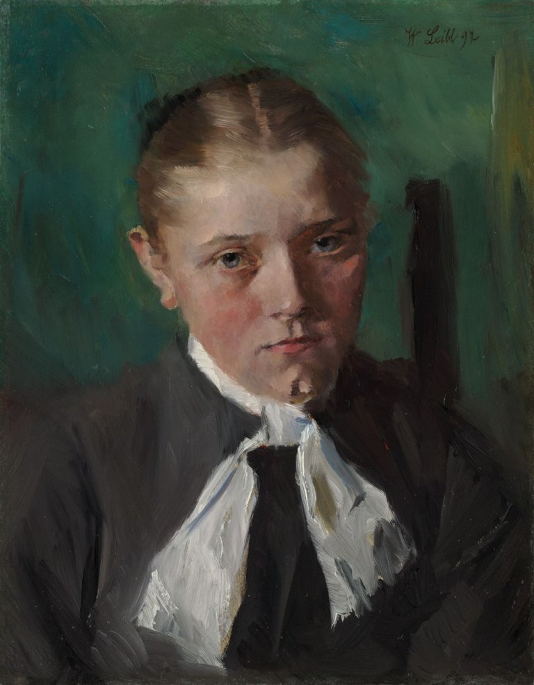 Auf diesem Bild ist das folgende Kunstwerk zu sehen: Wilhelm Leibl. „Bauernmädchen mit weißem Halstuch“. 1897.