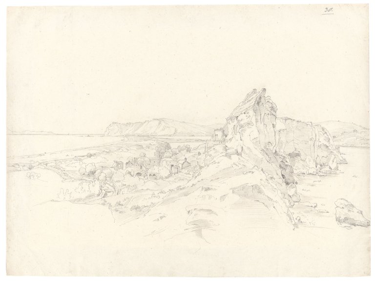 Auf diesem Bild ist das folgende Kunstwerk zu sehen: Ernst Fries. Capo Miseno mit dem Lago d'Averno am Golf von Neapel. 1826.