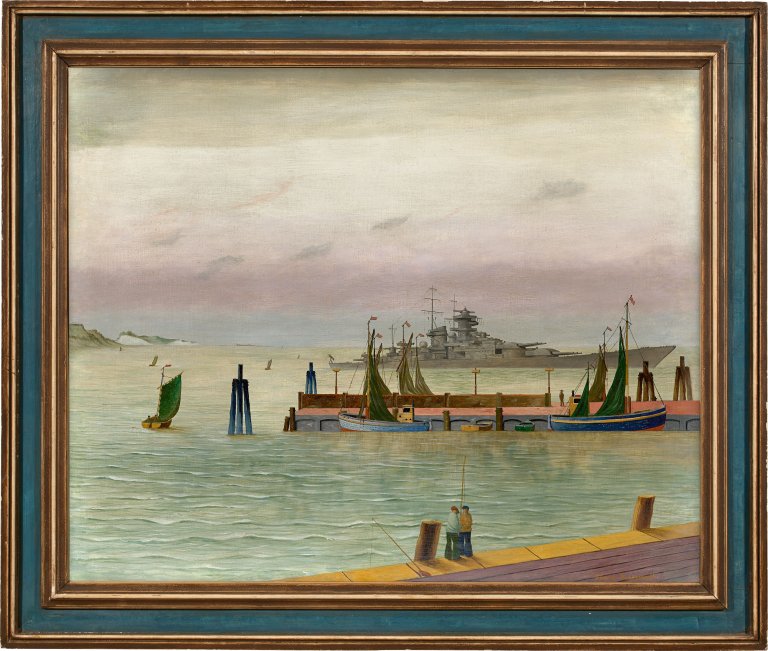 Auf diesem Bild ist das folgende Kunstwerk zu sehen: Franz Radziwill. „Eckernförde / Deutsches Schlachtschiff in der Eckernförder Bucht“. 1942.