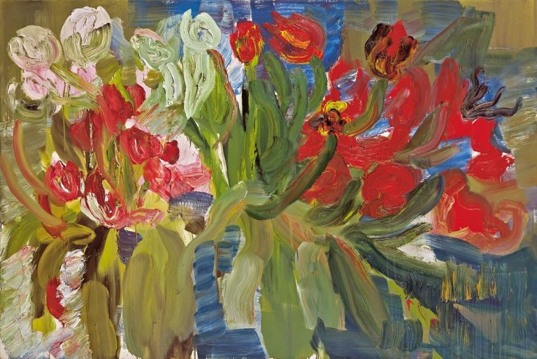 Auf diesem Bild ist das folgende Kunstwerk zu sehen: Rainer Fetting. „Welkende Tulpen“. 1990.