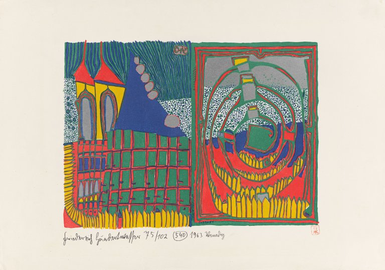 Auf diesem Bild ist das folgende Kunstwerk zu sehen: Friedensreich Hundertwasser. „Haus und Spirale im Regen“. 1962/63.