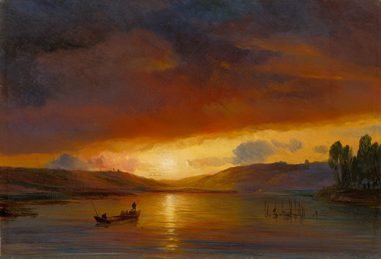 Auf diesem Bild ist das folgende Kunstwerk zu sehen: Théodore Gudin. Sonnenuntergang über der Seine.