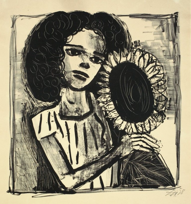 Auf diesem Bild ist das folgende Kunstwerk zu sehen: Otto Dix. „Mädchen mit Sonnenblume“. 1958.