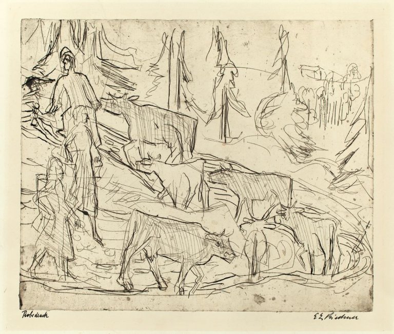 Auf diesem Bild ist das folgende Kunstwerk zu sehen: Ernst Ludwig Kirchner. „Abtrieb der Kühe“. 1922.