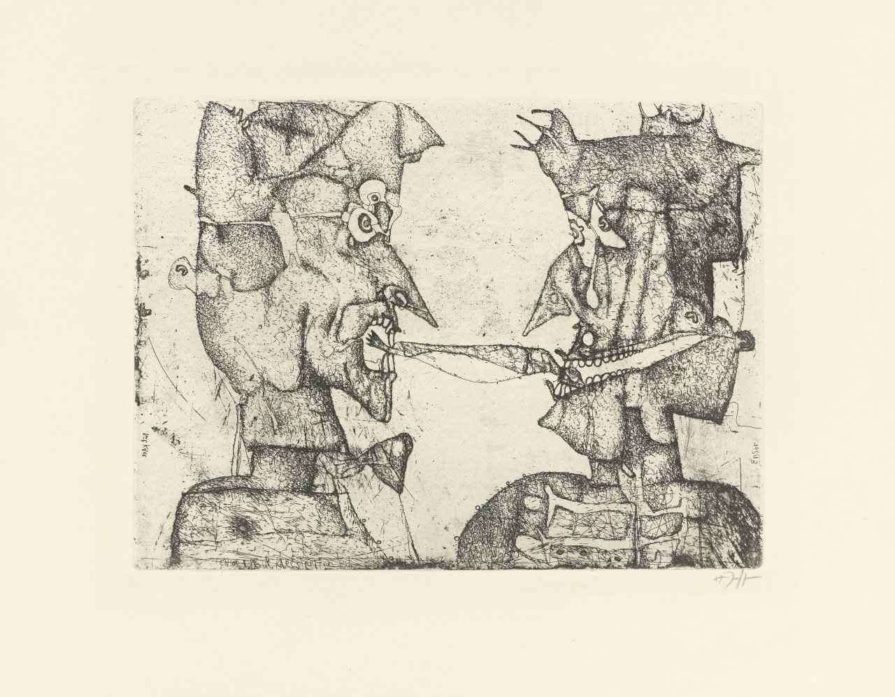 This picture shows the following artwork: Horst Janssen. „Klee und Ensor um einen Bückling streitend“. 1961.
