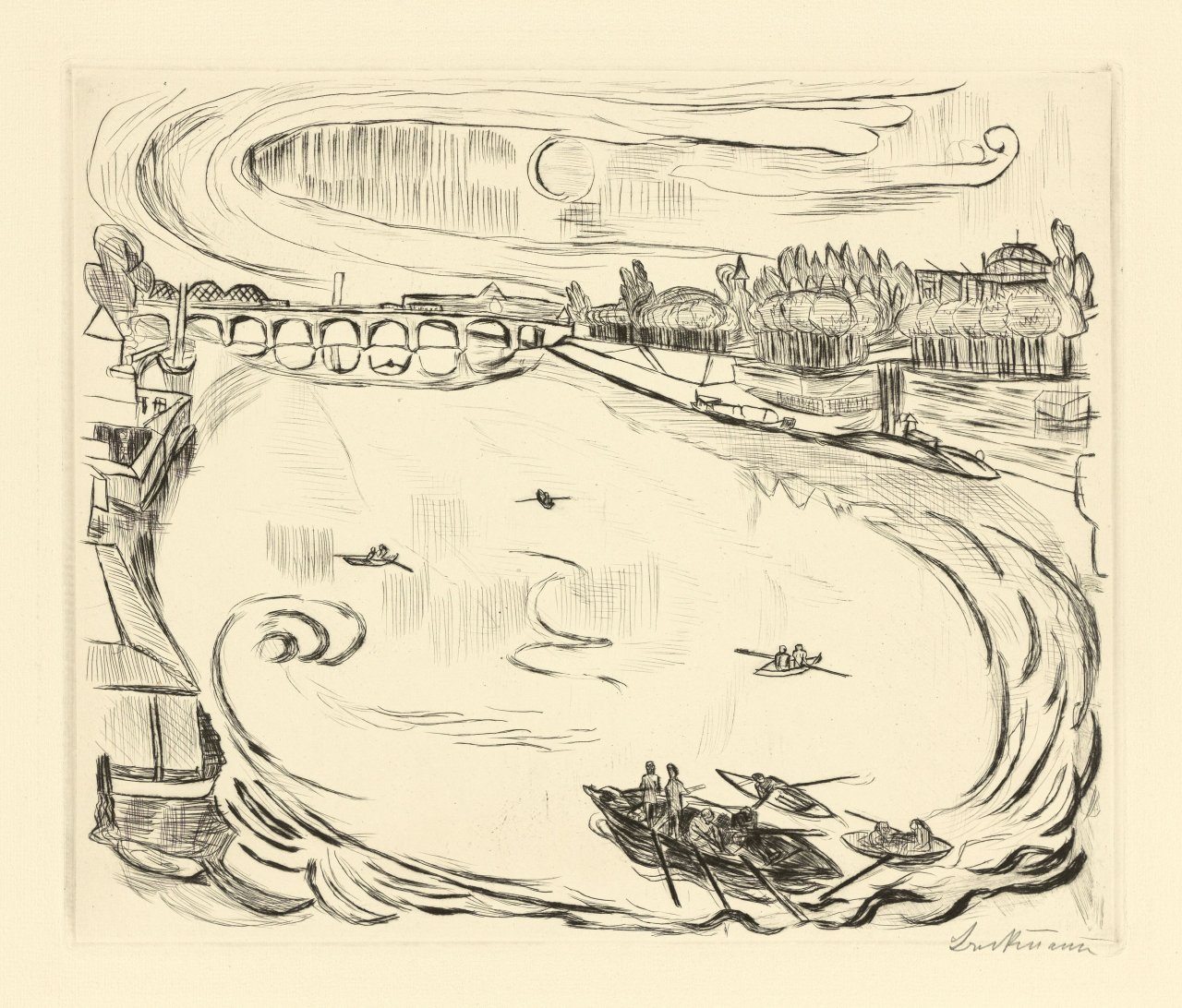 Auf diesem Bild ist das folgende Kunstwerk zu sehen: Max Beckmann. „Mainlandschaft“. 1918.