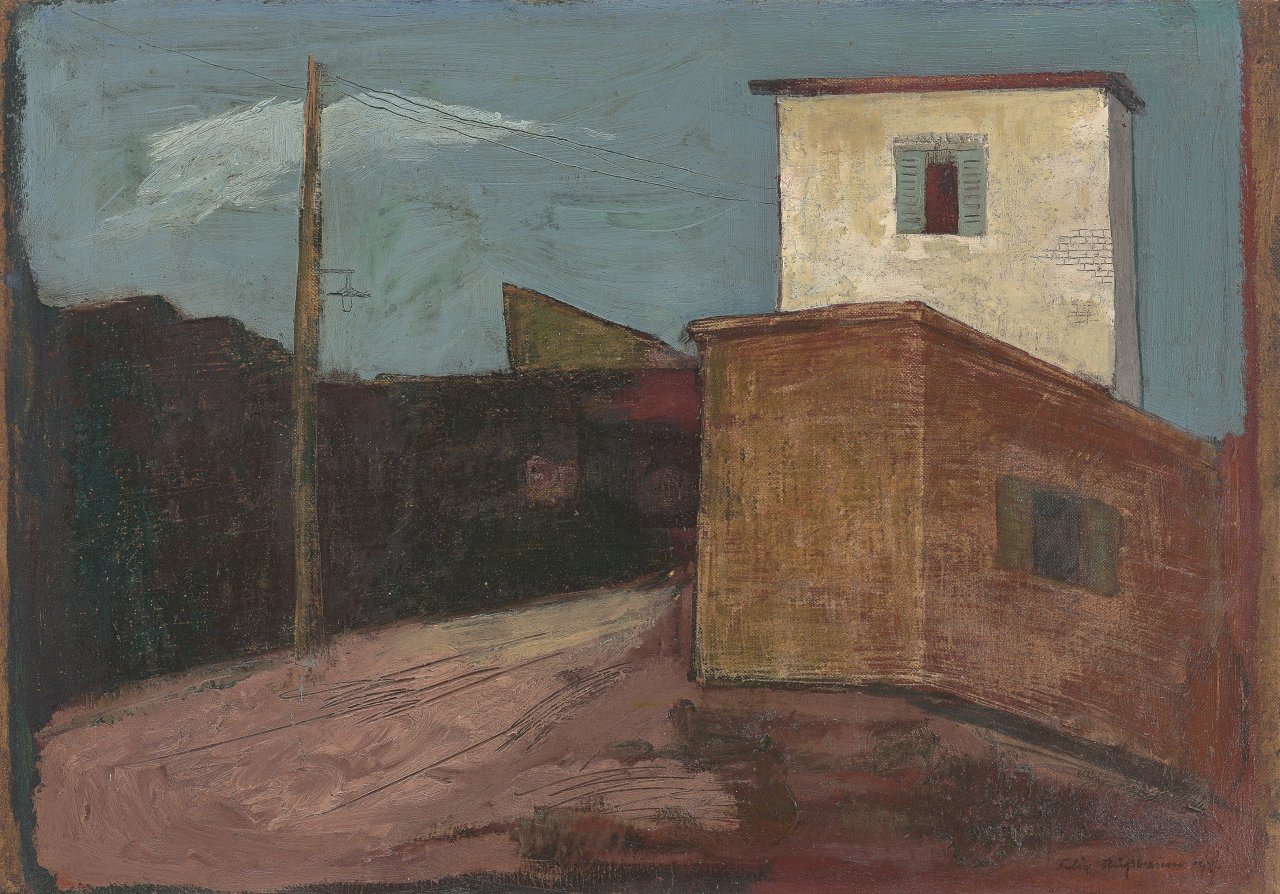 Auf diesem Bild ist das folgende Kunstwerk zu sehen: Felix Nussbaum. „Straße mit Telefonmasten“. 1932.