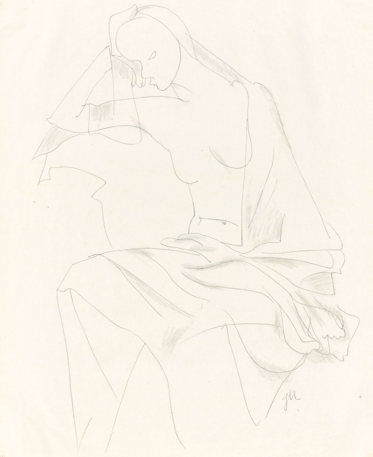 Auf diesem Bild ist das folgende Kunstwerk zu sehen: Jeanne Mammen. Sitzender Halbakt. Ca. 1935-1940.