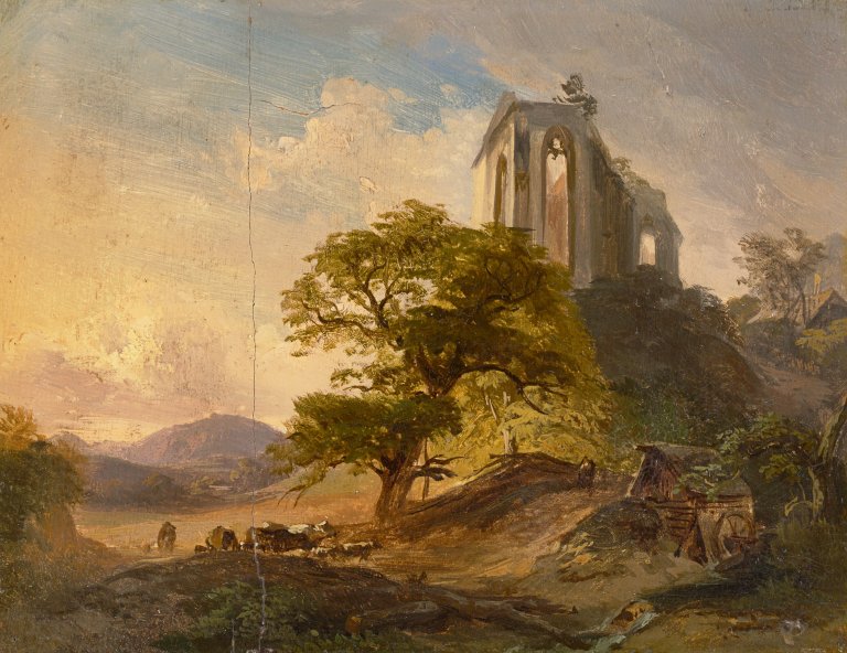 Auf diesem Bild ist das folgende Kunstwerk zu sehen:  Deutsch, um 1830/40. Landschaft mit Kirchenruine. Um 1830/40.