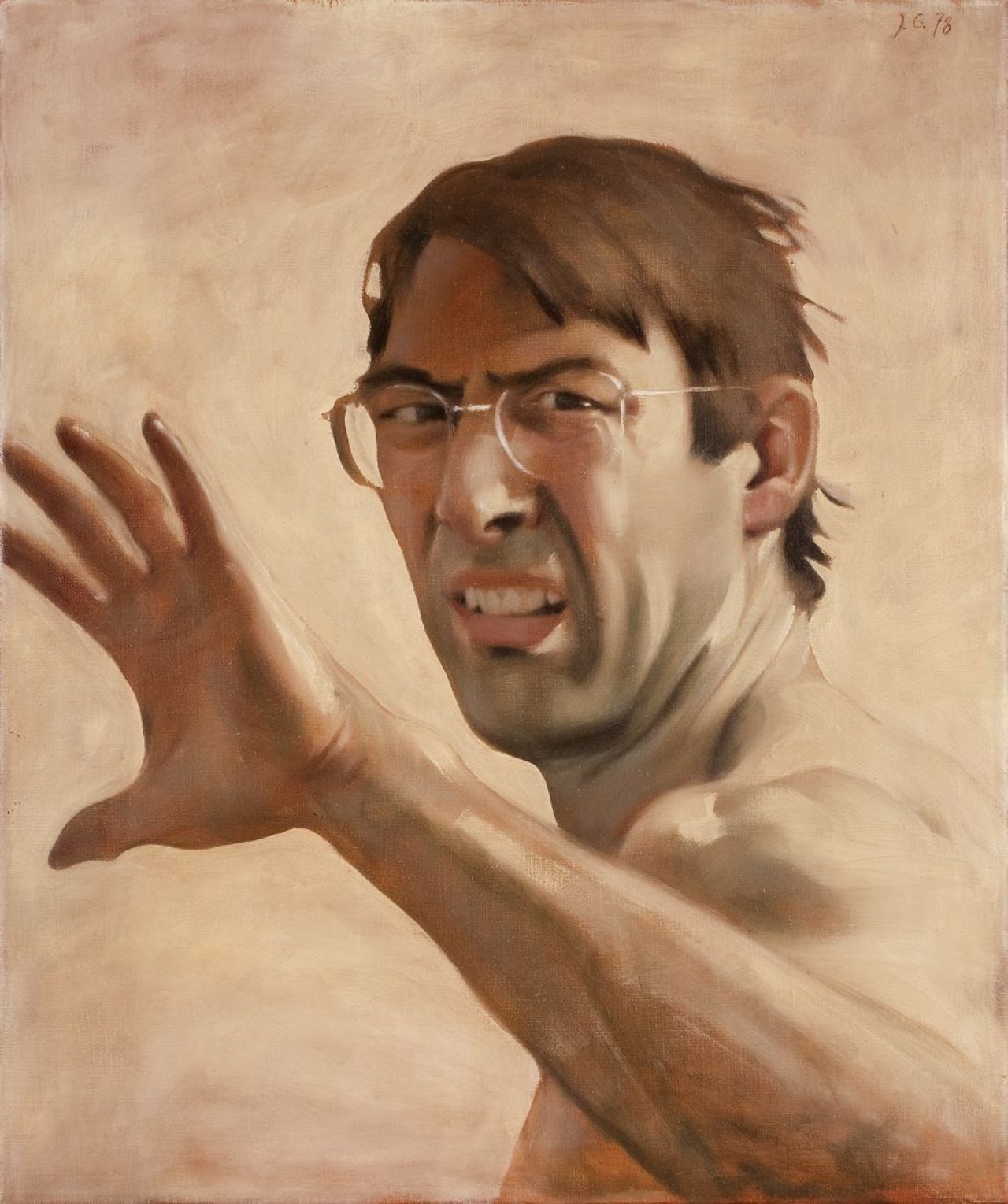 Auf diesem Bild ist das folgende Kunstwerk zu sehen: Johannes Grützke. Selbstbildnis mit abwehrend erhobener Hand. 1978.