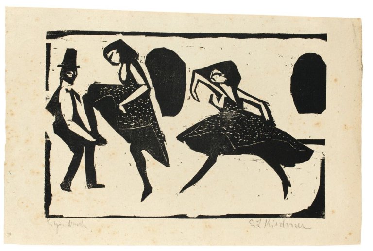 Auf diesem Bild ist das folgende Kunstwerk zu sehen: Ernst Ludwig Kirchner. „Akrobatischer Tanz. – Tanzgruppe, Mann maskiert“. 1910.