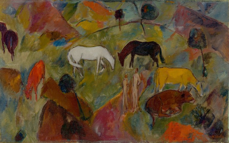 Auf diesem Bild ist das folgende Kunstwerk zu sehen: Wladimir von Zabotin. Tiere und Menschen in der Landschaft. 1918/19.