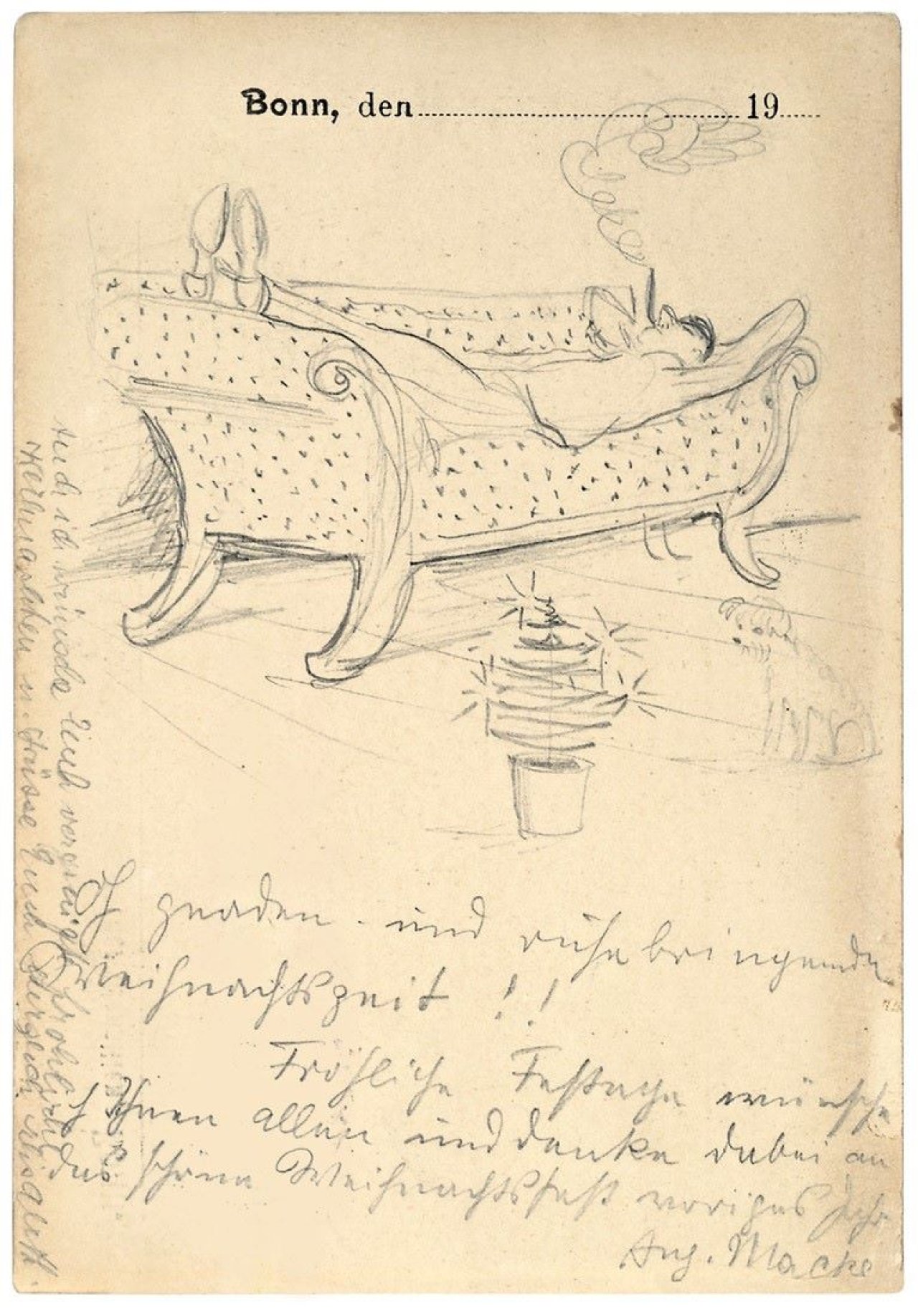 Auf diesem Bild ist das folgende Kunstwerk zu sehen: August Macke. „Oh gnaden- und ruhebringende Weihnachtszeit!!“. 1908.