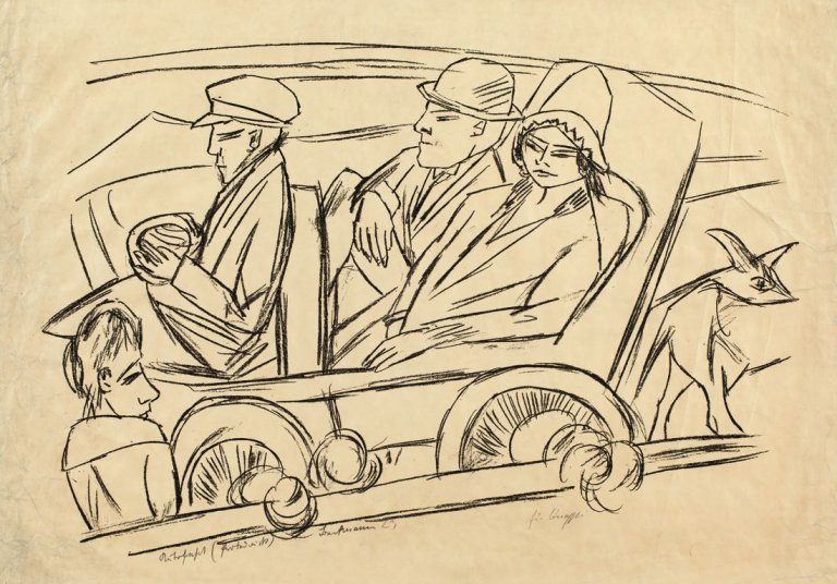 Auf diesem Bild ist das folgende Kunstwerk zu sehen: Max Beckmann. „Selbstbildnis im Auto“ („Autofahrt“). 1923.