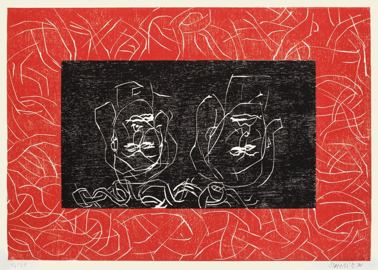 Auf diesem Bild ist das folgende Kunstwerk zu sehen: Georg Baselitz. „Rote Schwestern / Aman“. 1994.