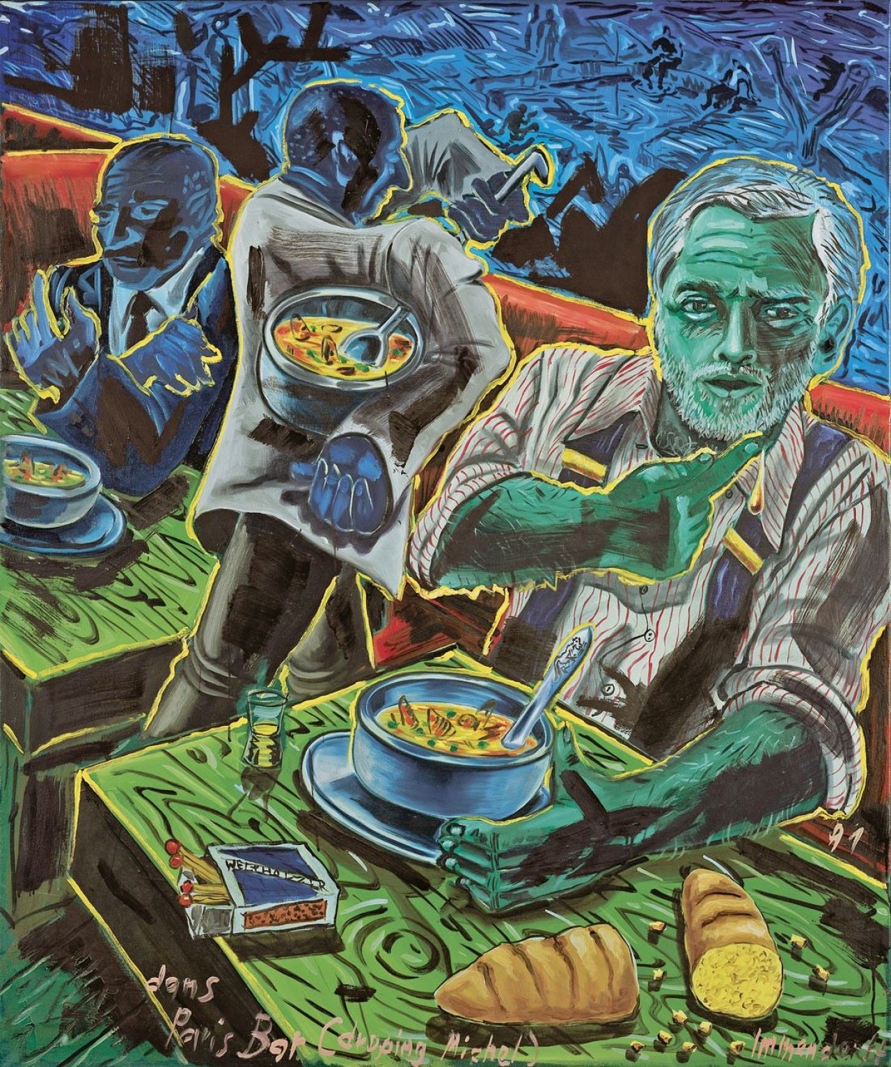 Auf diesem Bild ist das folgende Kunstwerk zu sehen: Jörg Immendorff. „dans Paris Bar (droping Michel)“. 1991.