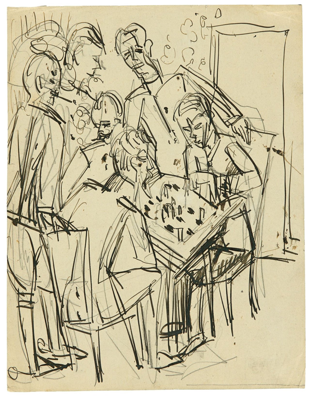 Auf diesem Bild ist das folgende Kunstwerk zu sehen: Ernst Ludwig Kirchner. „Schachspielende Offiziere“. 1915.