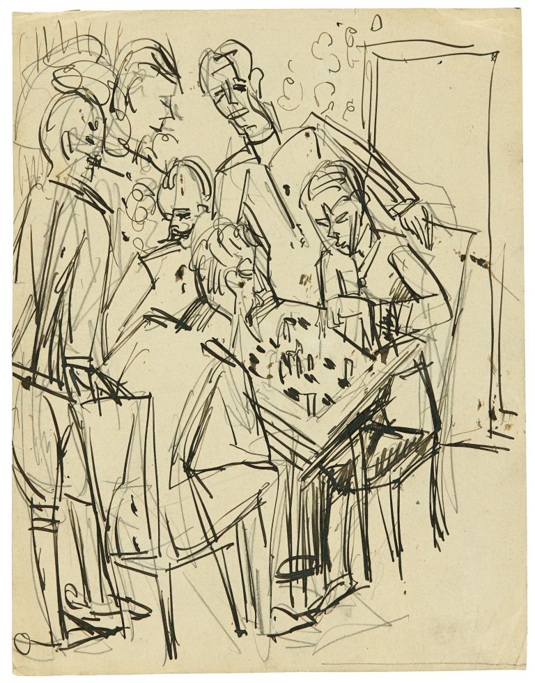 Auf diesem Bild ist das folgende Kunstwerk zu sehen: Ernst Ludwig Kirchner. „Schachspielende Offiziere“. 1915.