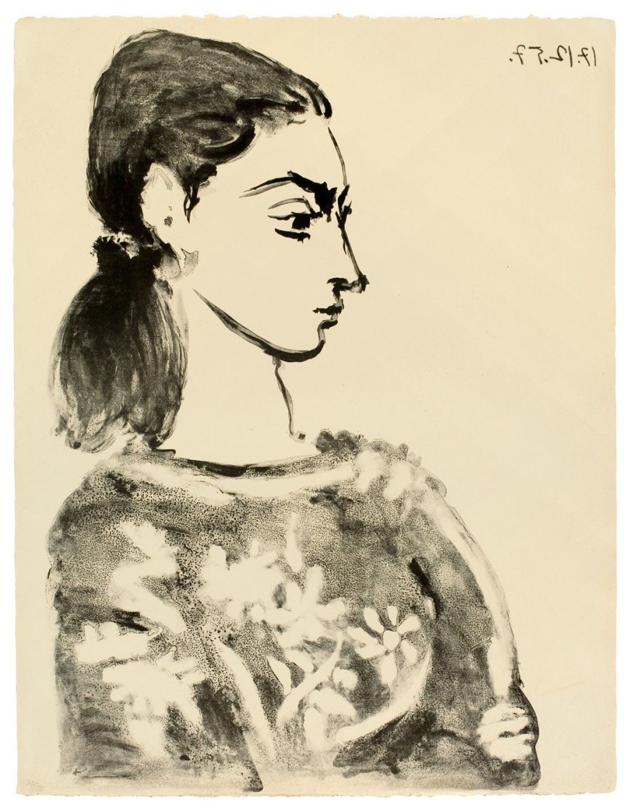 Auf diesem Bild ist das folgende Kunstwerk zu sehen: Pablo Picasso. „Femme au corsage à fleurs“. 1951.