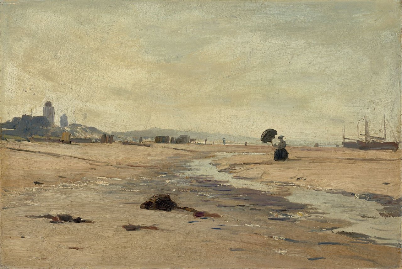 Auf diesem Bild ist das folgende Kunstwerk zu sehen: Eugen Dücker. Junge Frau am Strand von Katwijk.