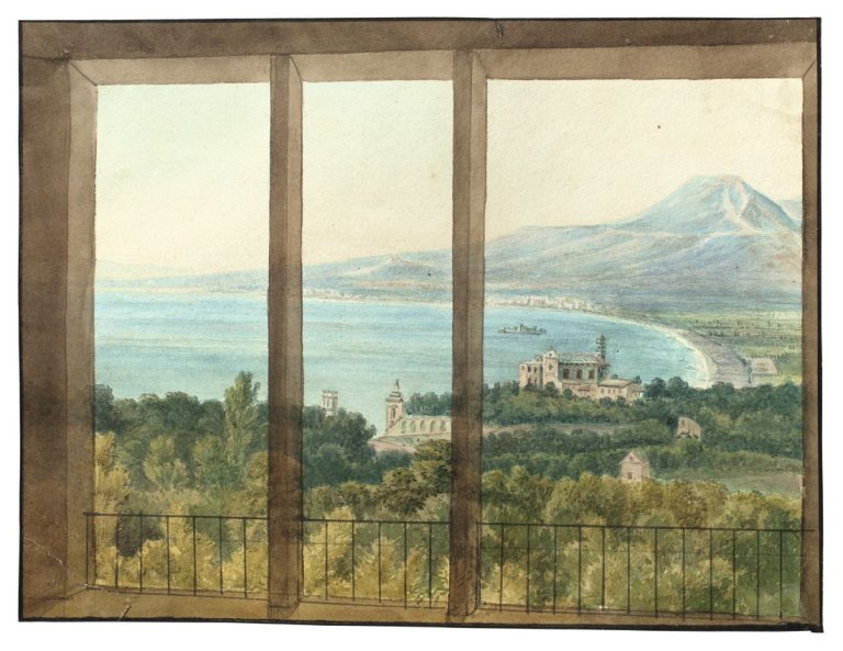 Auf diesem Bild ist das folgende Kunstwerk zu sehen:  Deutsch, um 1830. Blick aus dem Fenster auf eine Bucht in Italien.