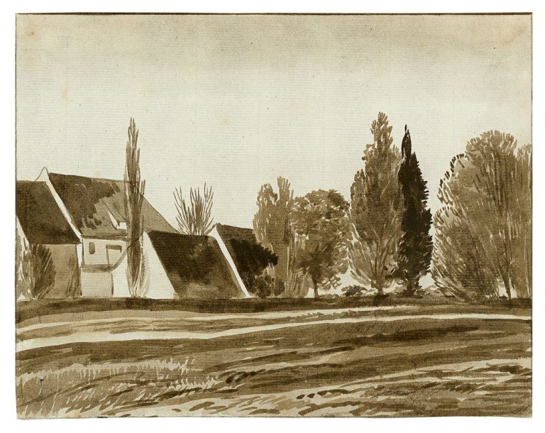 Auf diesem Bild ist das folgende Kunstwerk zu sehen: Franz Kobell. Häuser am Feldrand.