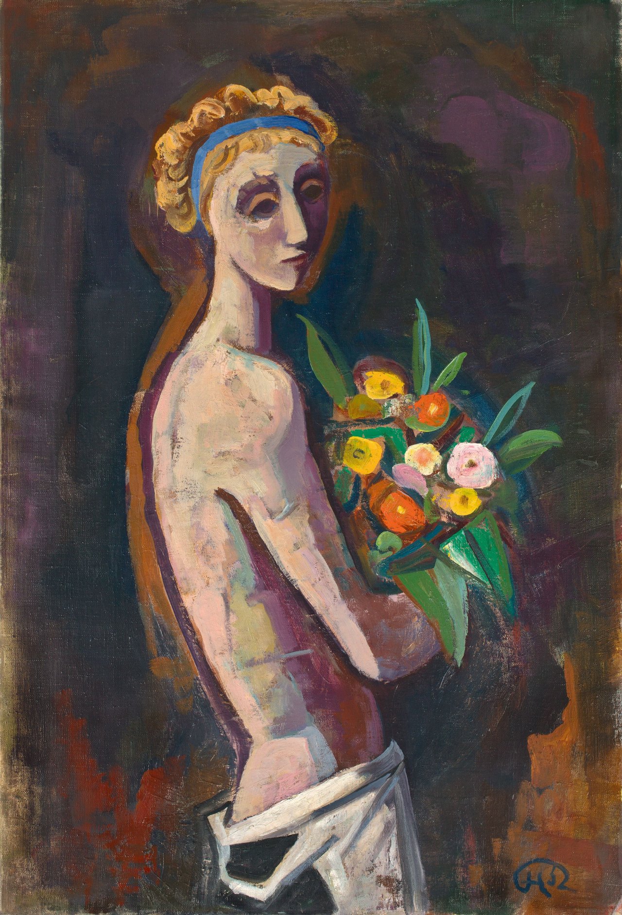 Auf diesem Bild ist das folgende Kunstwerk zu sehen: Karl Hofer. „Mädchen mit Blumen“. 1952.