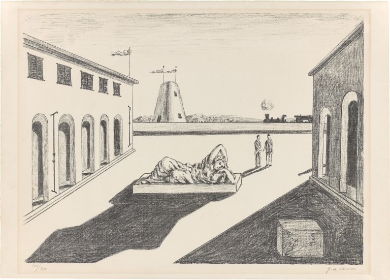 Auf diesem Bild ist das folgende Kunstwerk zu sehen: Giorgio de Chirico. „Piazza d'Italia“. 1969.