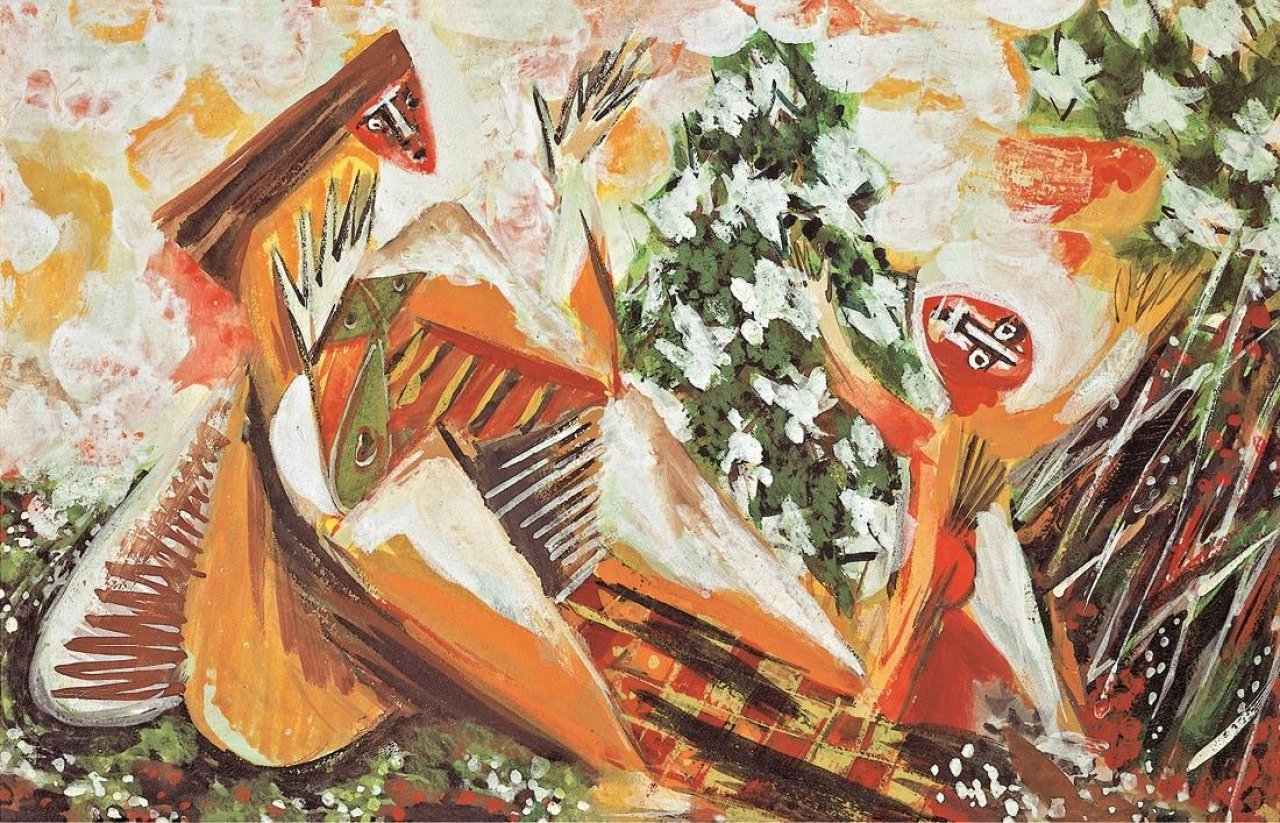 This picture shows the following artwork: Ernst Wilhelm Nay. Mutter mit Kind unter Blütenbaum. Um 1944.