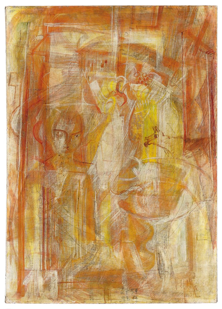 Auf diesem Bild ist das folgende Kunstwerk zu sehen: Heinrich Campendonk. „Ländliche Impression/Selbstbildnis“. 1918.