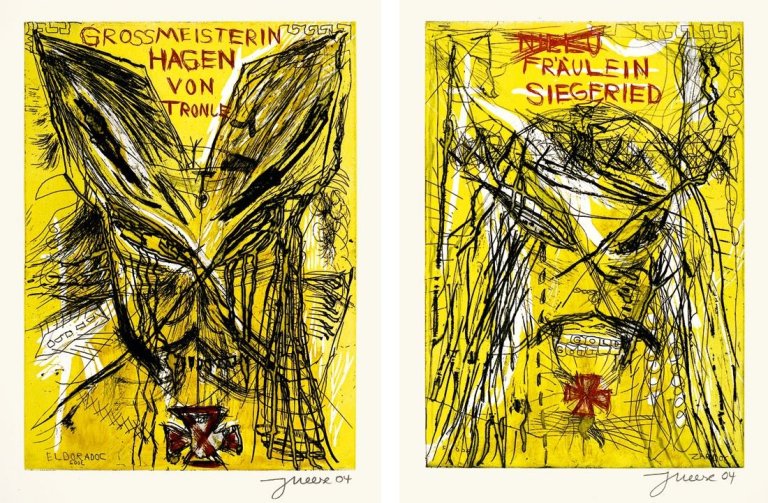 Auf diesem Bild ist das folgende Kunstwerk zu sehen: Jonathan Meese. „Grossmeisterin Hagen von Tronje“ / „Fräulein Siegfried“. 2004.