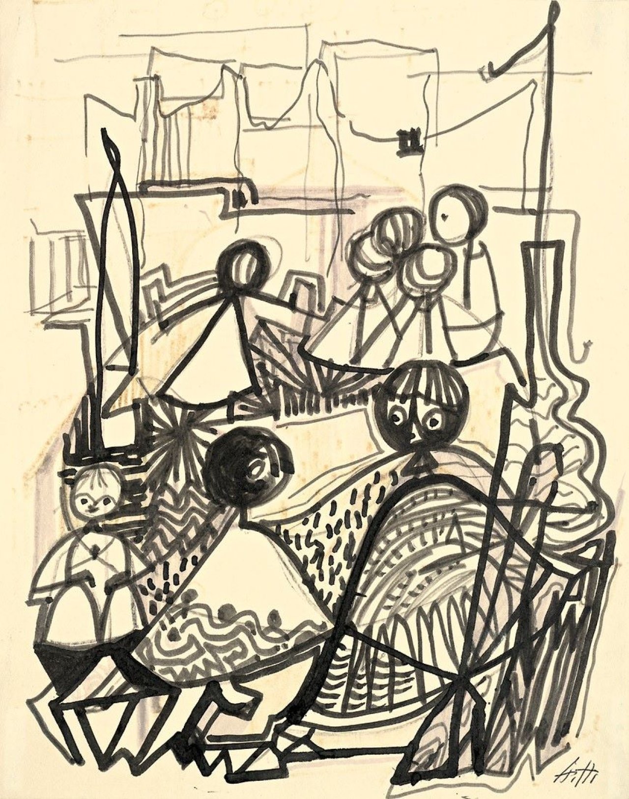 This picture shows the following artwork: Hannah Höch. Kindergruppe / Ohne Titel / Sonne über der Stadt.