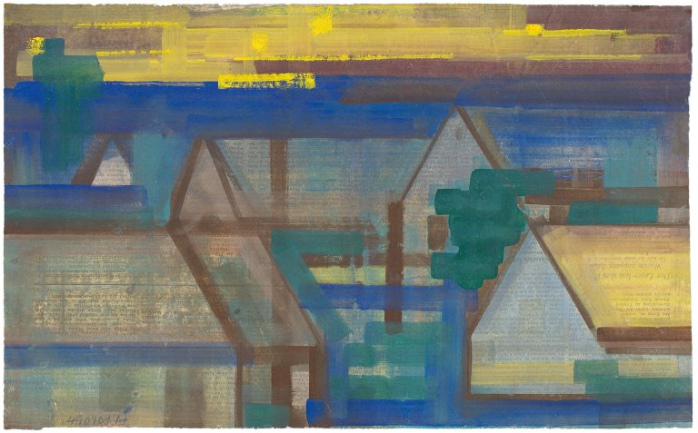 Auf diesem Bild ist das folgende Kunstwerk zu sehen: Hermann Glöckner. Ohne Titel (Häuser in der Abenddämmerung). 1949.