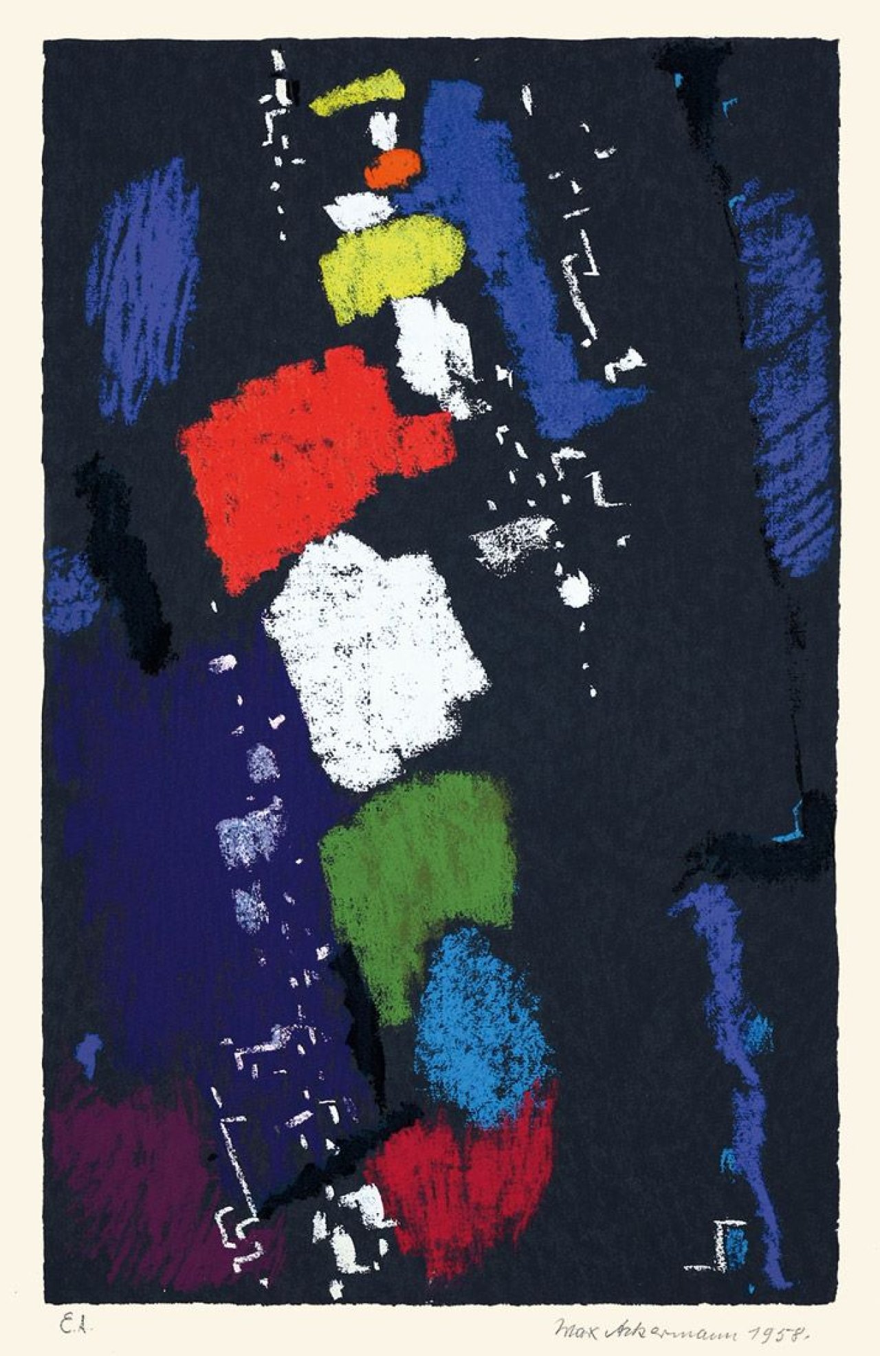 Auf diesem Bild ist das folgende Kunstwerk zu sehen: Max Ackermann. „Farbturm I“ / „Nächtliche Umgebung (Aktive Linien/Kapriolen)“. 1958/1973.