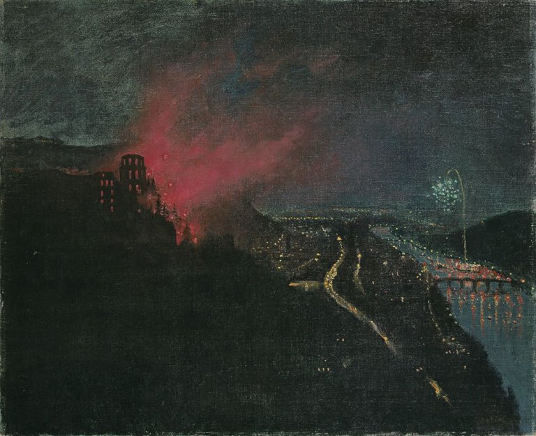 Auf diesem Bild ist das folgende Kunstwerk zu sehen: Emil Orlik. Nächtliches Heidelberg mit Feuerwerk. 1929.