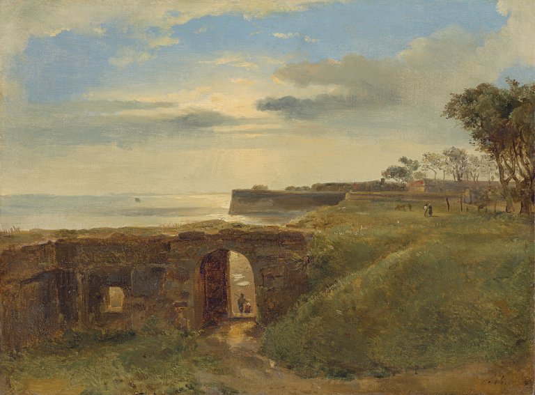 Auf diesem Bild ist das folgende Kunstwerk zu sehen: Théodore Gudin. Küstenlandschaft mit Befestigungen.