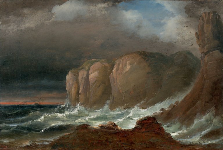 Auf diesem Bild ist das folgende Kunstwerk zu sehen: Peder Balke. Cliffs by the Coast of Northern Norway. Mitte der 1840er-Jahre.
