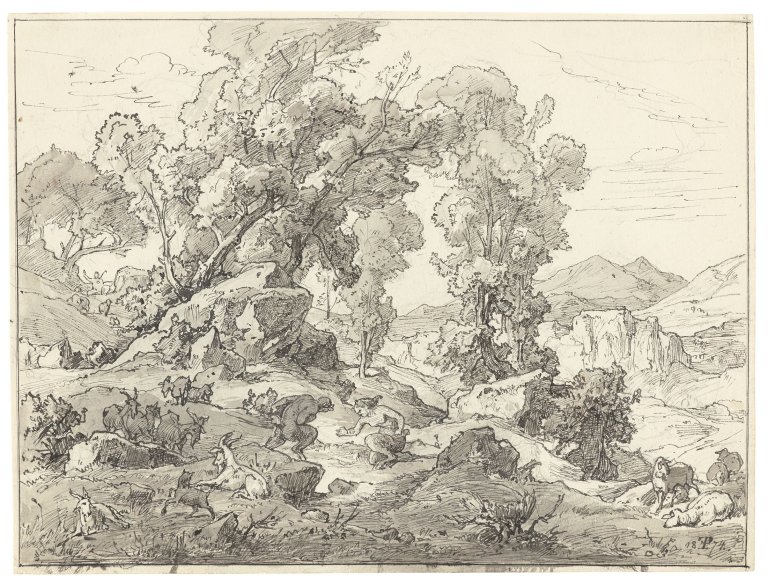 Auf diesem Bild ist das folgende Kunstwerk zu sehen: Friedrich Preller d. Ä.. Satyr und Satyresse in arkadischer Landschaft. 1874.