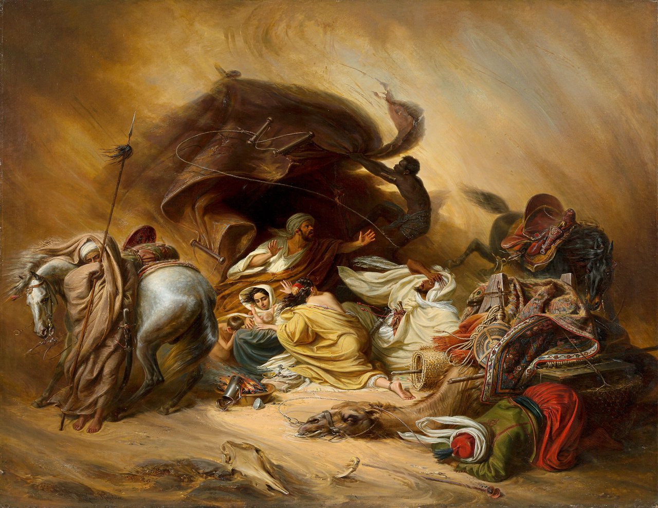 Auf diesem Bild ist das folgende Kunstwerk zu sehen: Johann Hermann Kretzschmer. Der Samum in der Wüste. Nach 1844.
