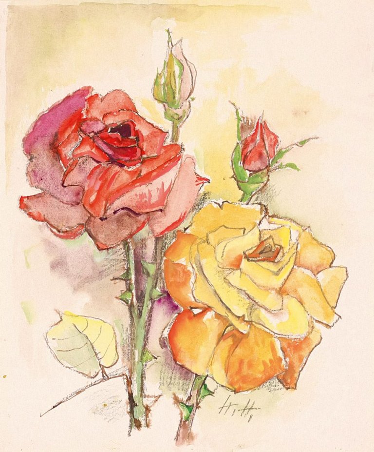 Auf diesem Bild ist das folgende Kunstwerk zu sehen: Hannah Höch. Rosen. Um 1960.