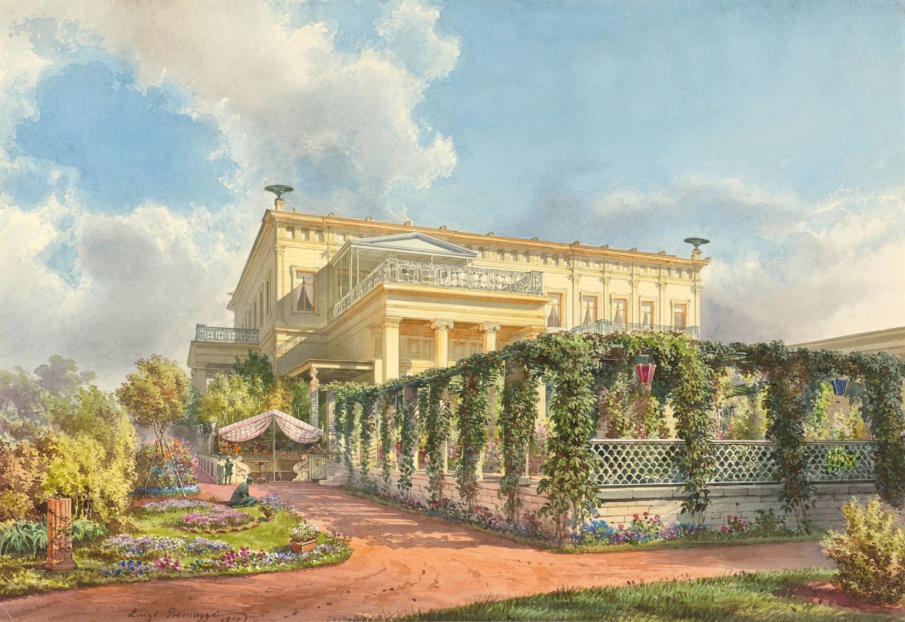 Auf diesem Bild ist das folgende Kunstwerk zu sehen: Luigi Premazzi. Die Zarenvilla auf der Krim. 1850.