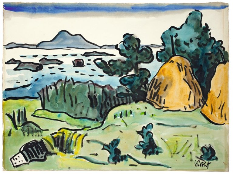 Auf diesem Bild ist das folgende Kunstwerk zu sehen: Karl Schmidt-Rottluff. Lebasee mit Lontzkedüne. 1930er Jahre.