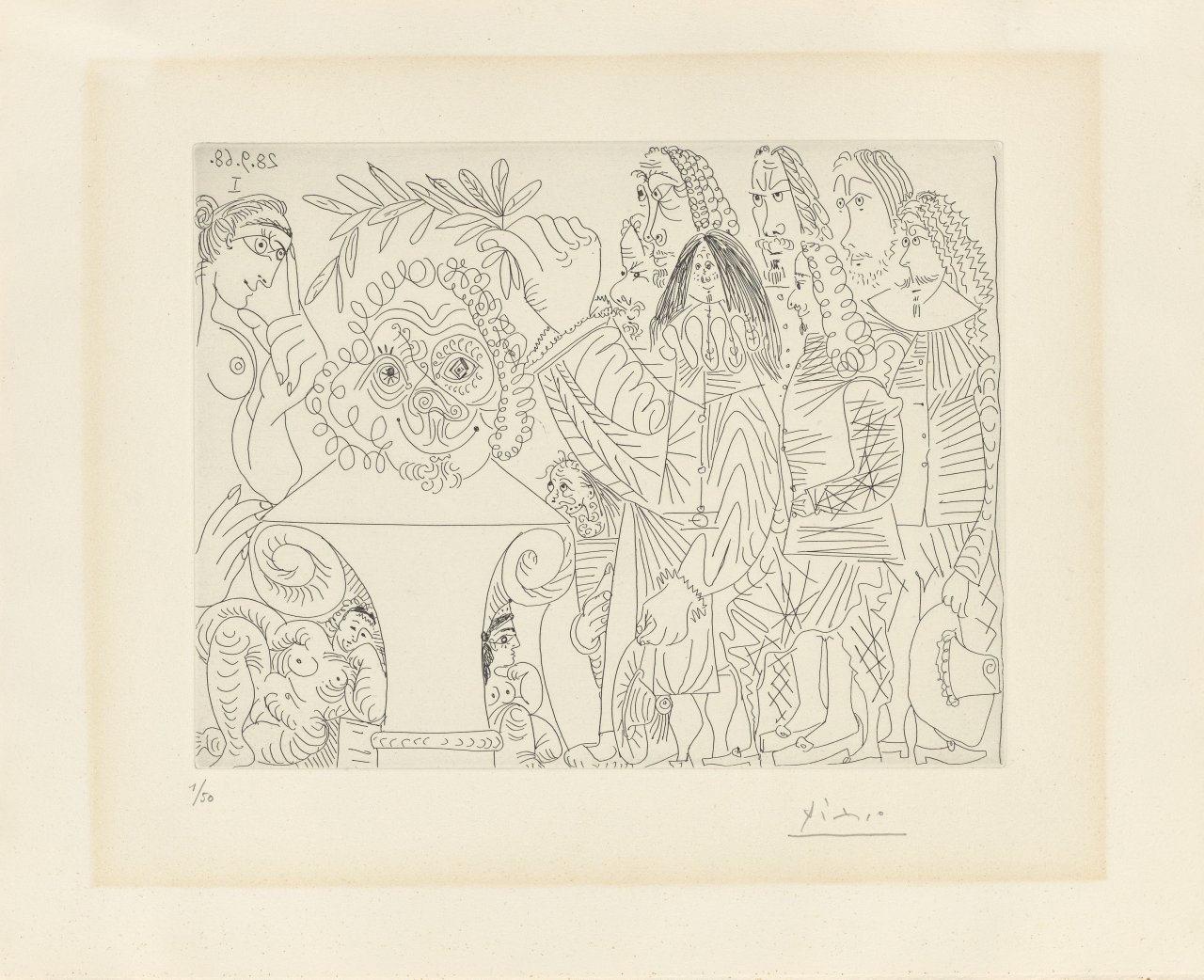 Auf diesem Bild ist das folgende Kunstwerk zu sehen: Pablo Picasso. „Le buste de peintre mort est couronné par l‘academie: La veuve se moque“. 1968.