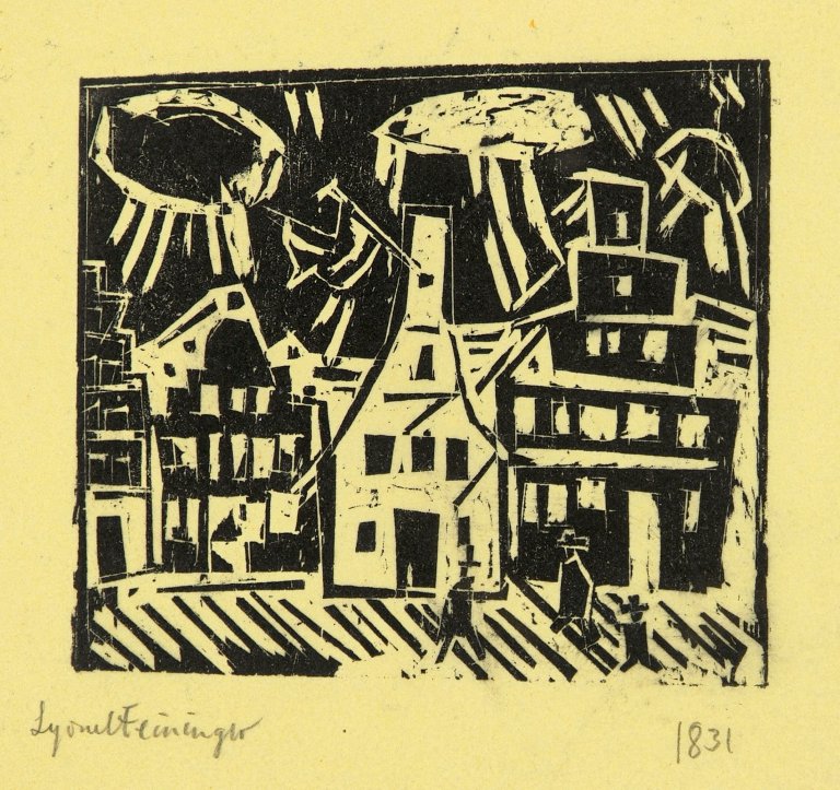 Auf diesem Bild ist das folgende Kunstwerk zu sehen: Lyonel Feininger. „Kleinstadt“. 1918.