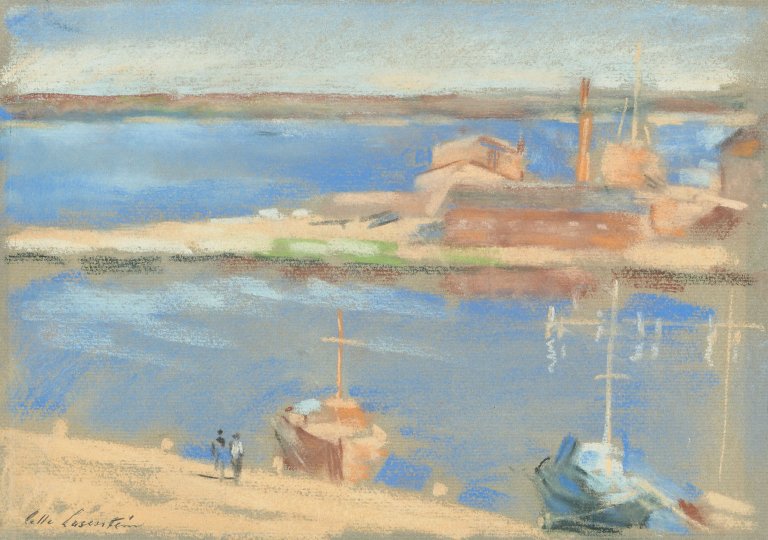 Auf diesem Bild ist das folgende Kunstwerk zu sehen: Lotte Laserstein. Hafen in Kalmar. 1960er Jahre.