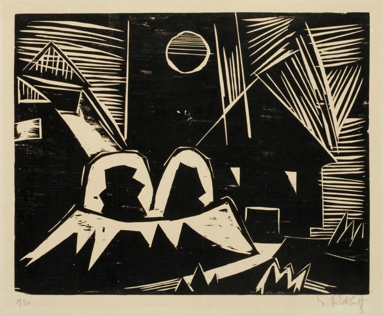 Auf diesem Bild ist das folgende Kunstwerk zu sehen: Karl Schmidt-Rottluff. „Häuser und Mond“. 1919.