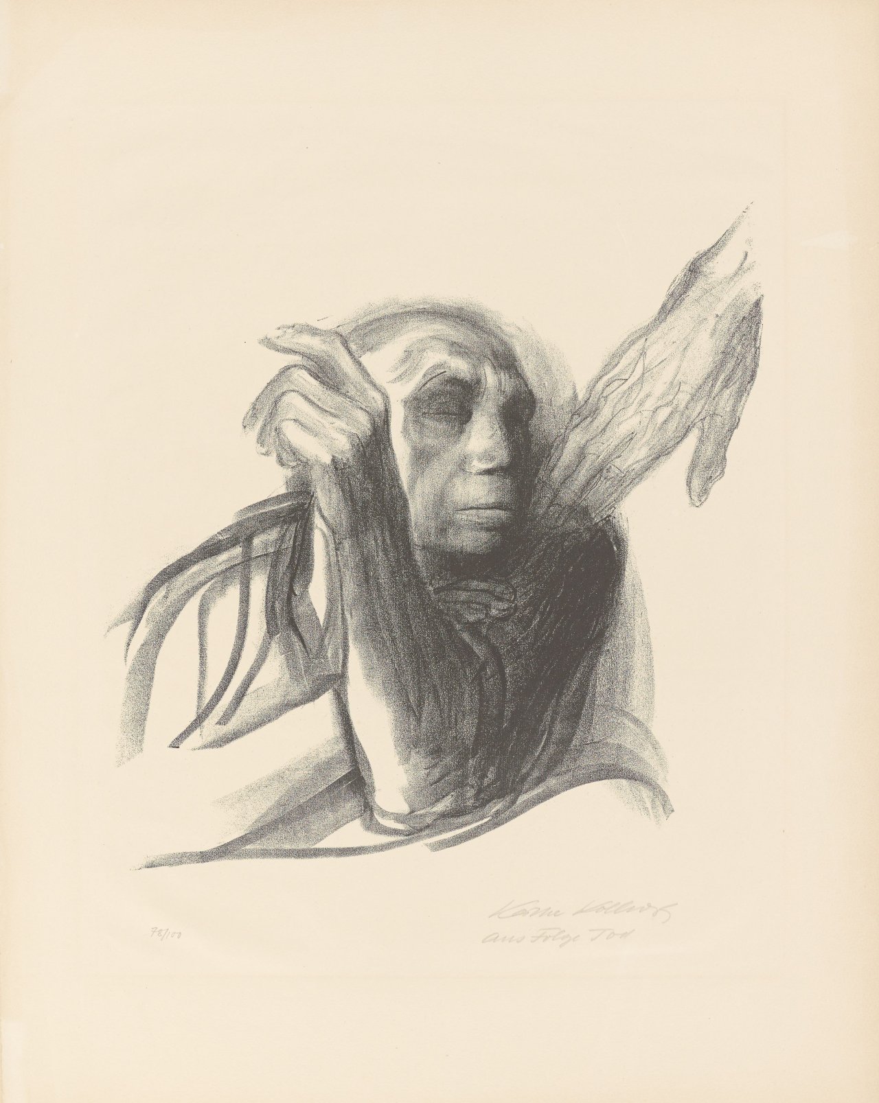 Auf diesem Bild ist das folgende Kunstwerk zu sehen: Käthe Kollwitz. „Ruf des Todes“. Wohl 1937.