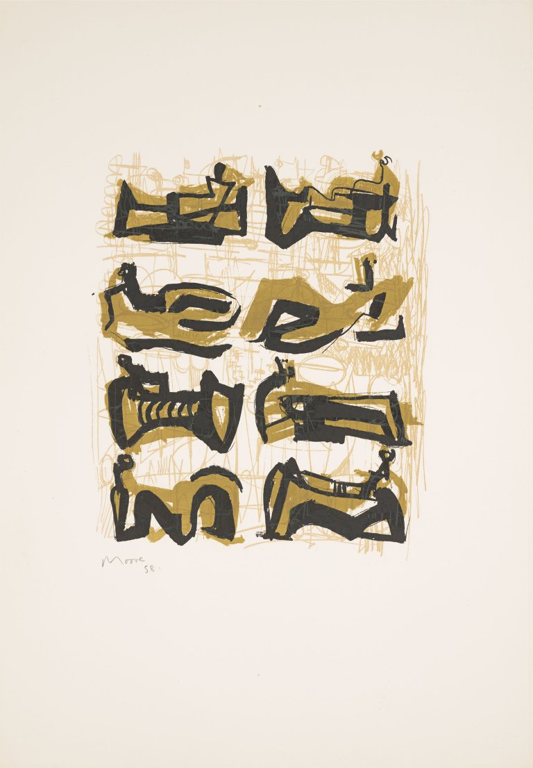 Auf diesem Bild ist das folgende Kunstwerk zu sehen: Henry Moore. „Eight reclining figures“. 1958.