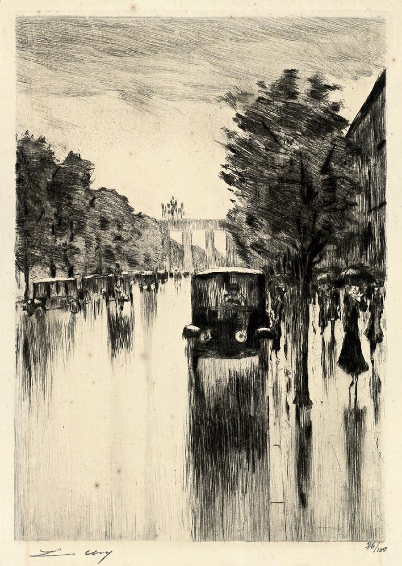 Auf diesem Bild ist das folgende Kunstwerk zu sehen: Lesser Ury. „Kraftdroschke im Regen am Brandenburger Tor“. Um 1920.